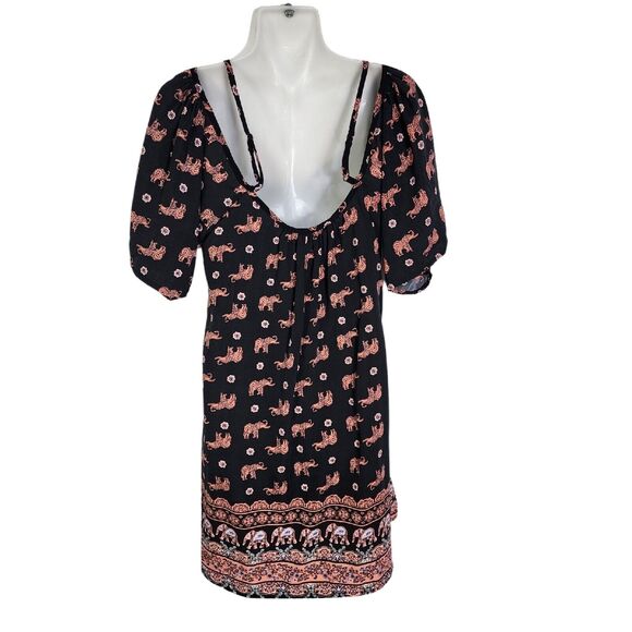 Rue 21 Women Mini Dress Medium Cold Shoulder Elephant Black Pink Spaghetti Strap - Picture 2 of 10